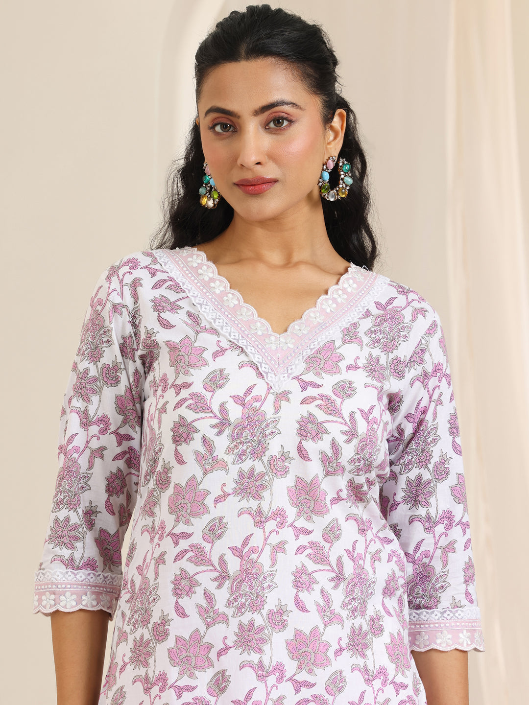 White Printed Cotton Straight Kurta Set