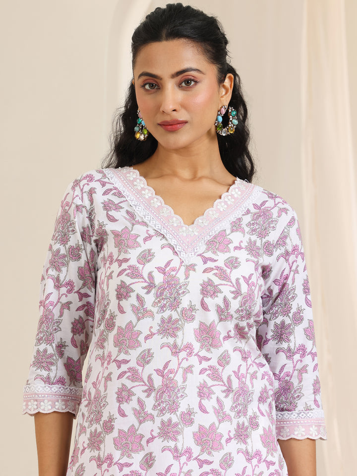 White Printed Cotton Straight Kurta Set