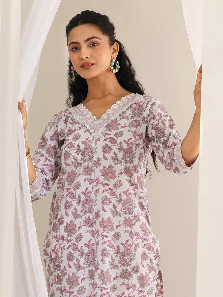 White Printed Cotton Straight Kurta Set