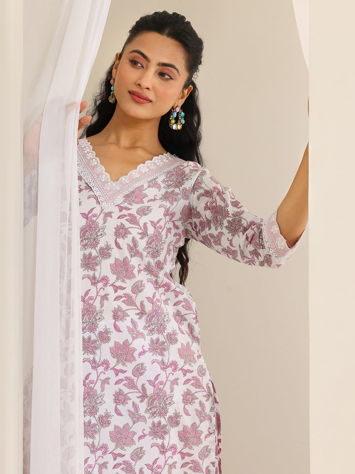 White Printed Cotton Straight Kurta Set