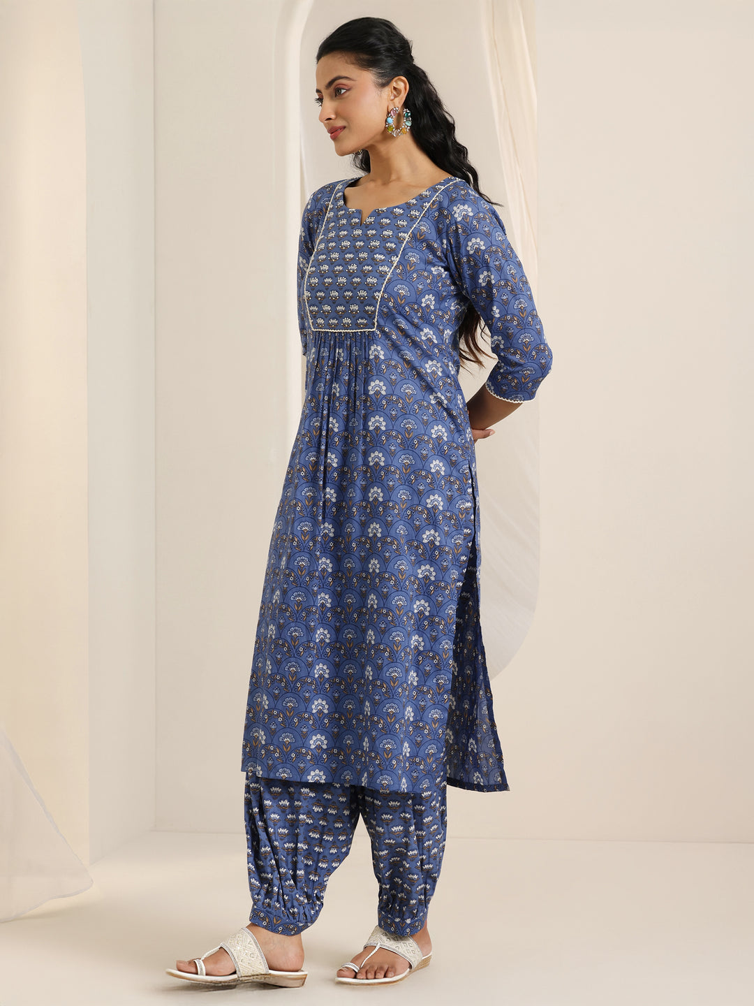 Blue Printed Cotton Straight Suit Set With Dupatta
