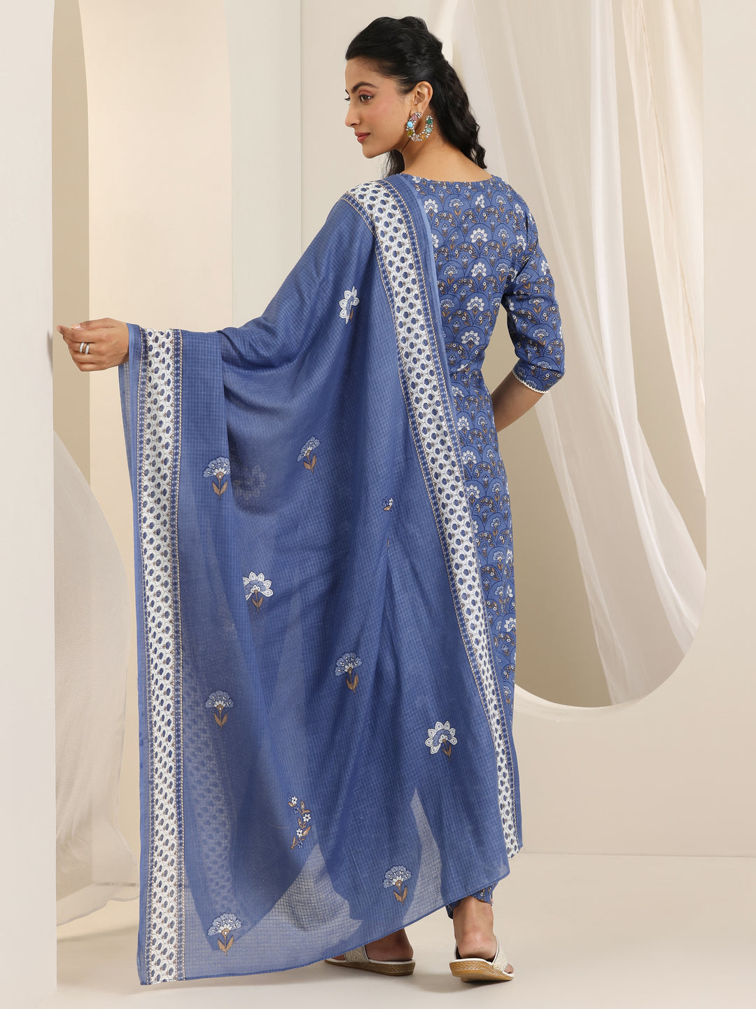 Blue Printed Cotton Straight Suit Set With Dupatta