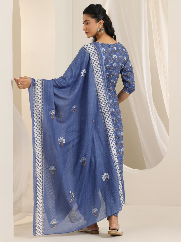 Blue Printed Cotton Straight Suit Set With Dupatta