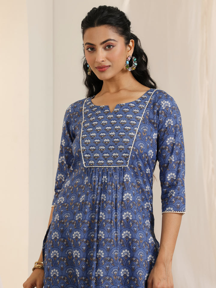 Blue Printed Cotton Straight Suit Set With Dupatta
