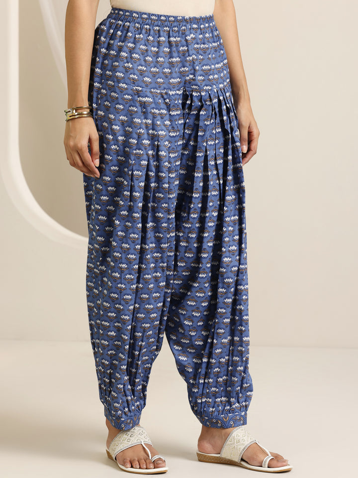 Blue Printed Cotton Straight Suit Set With Dupatta