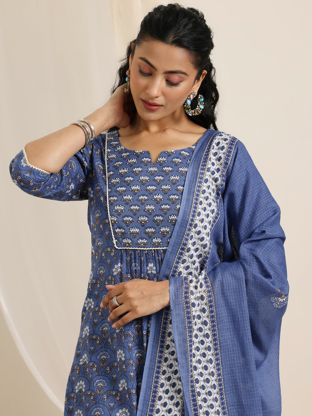 Blue Printed Cotton Straight Suit Set With Dupatta