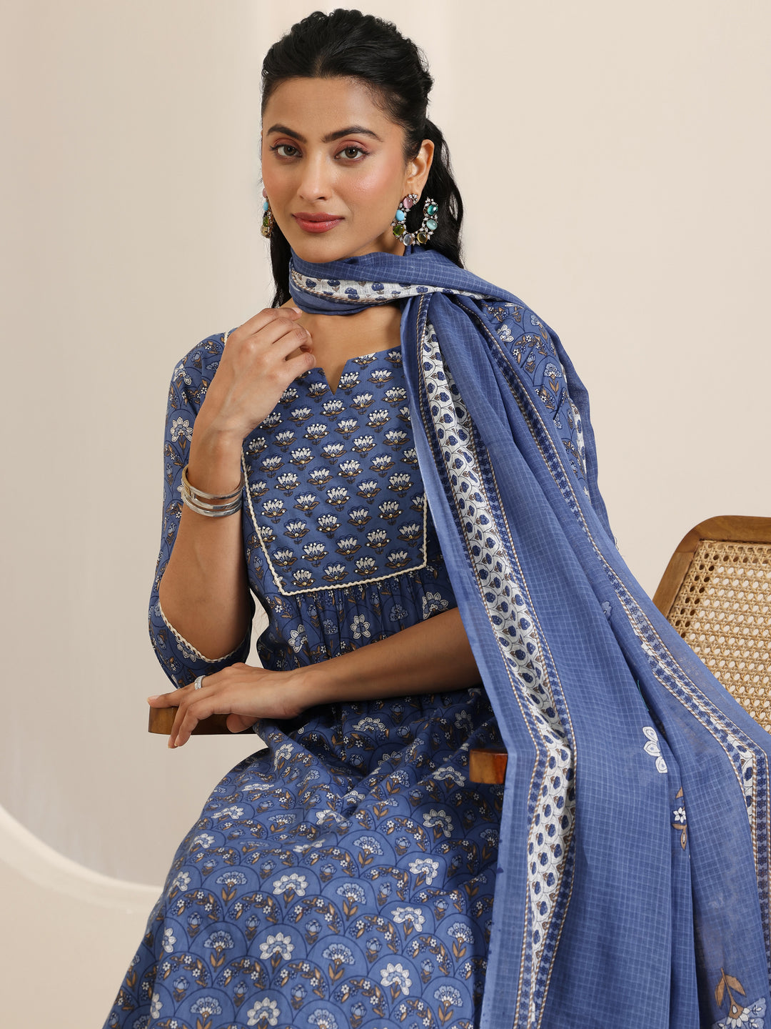 Blue Printed Cotton Straight Suit Set With Dupatta