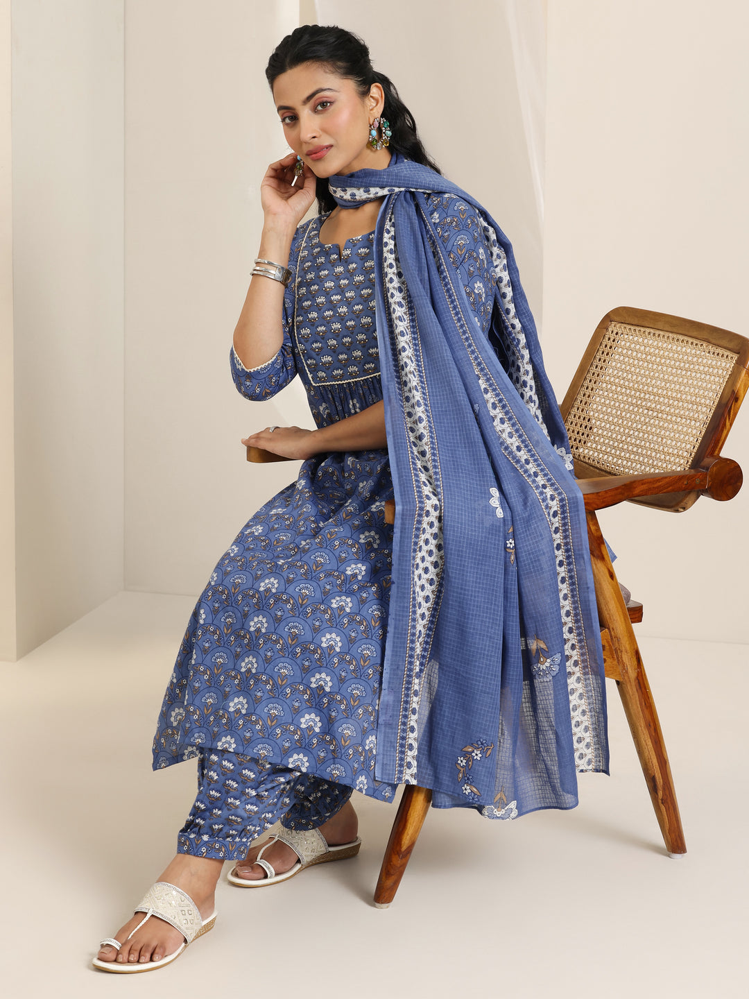 Blue Printed Cotton Straight Suit Set With Dupatta