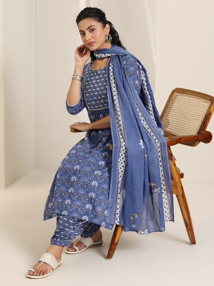Blue Printed Cotton Straight Suit Set With Dupatta