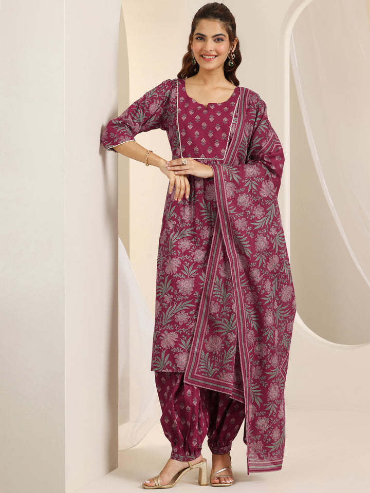 Maroon Printed Cotton Straight Suit Set With Dupatta