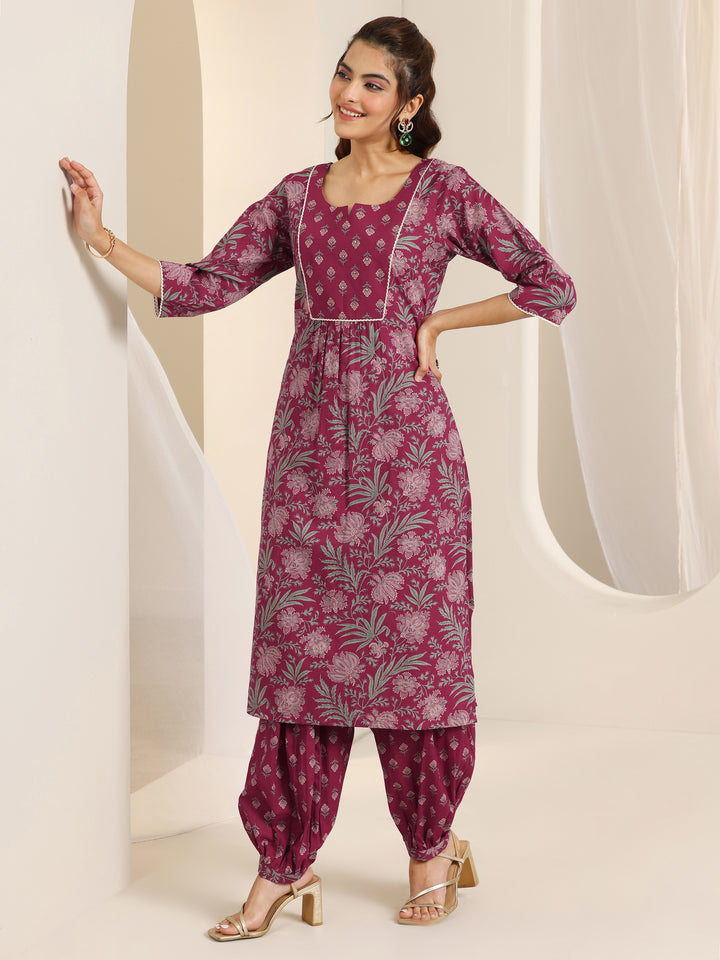 Maroon Printed Cotton Straight Suit Set With Dupatta