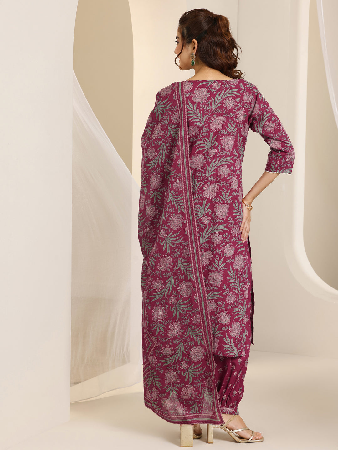 Maroon Printed Cotton Straight Suit Set With Dupatta