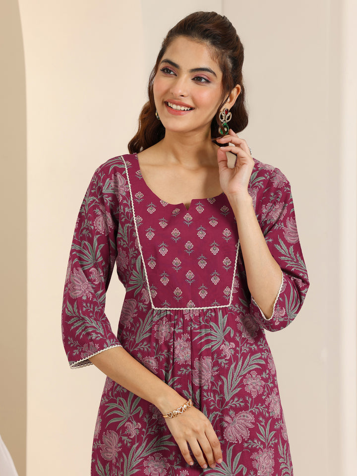 Maroon Printed Cotton Straight Suit Set With Dupatta