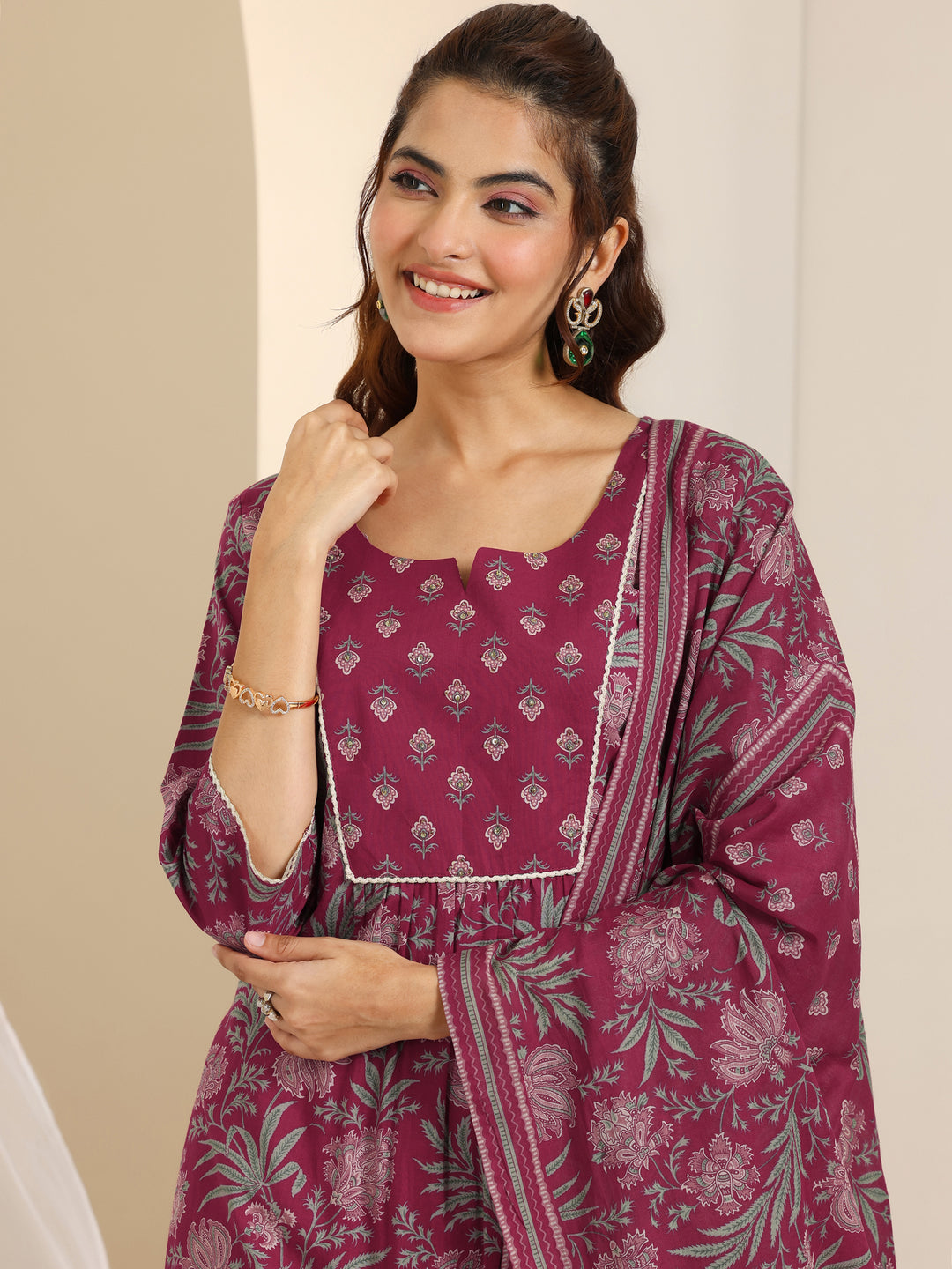 Maroon Printed Cotton Straight Suit Set With Dupatta