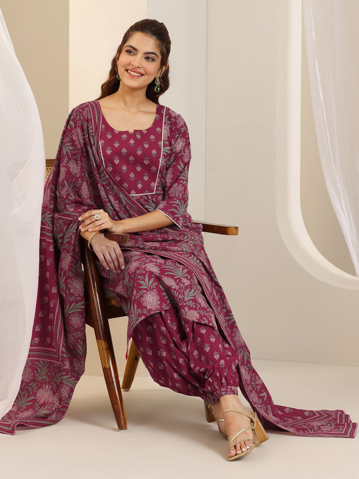 Maroon Printed Cotton Straight Suit Set With Dupatta