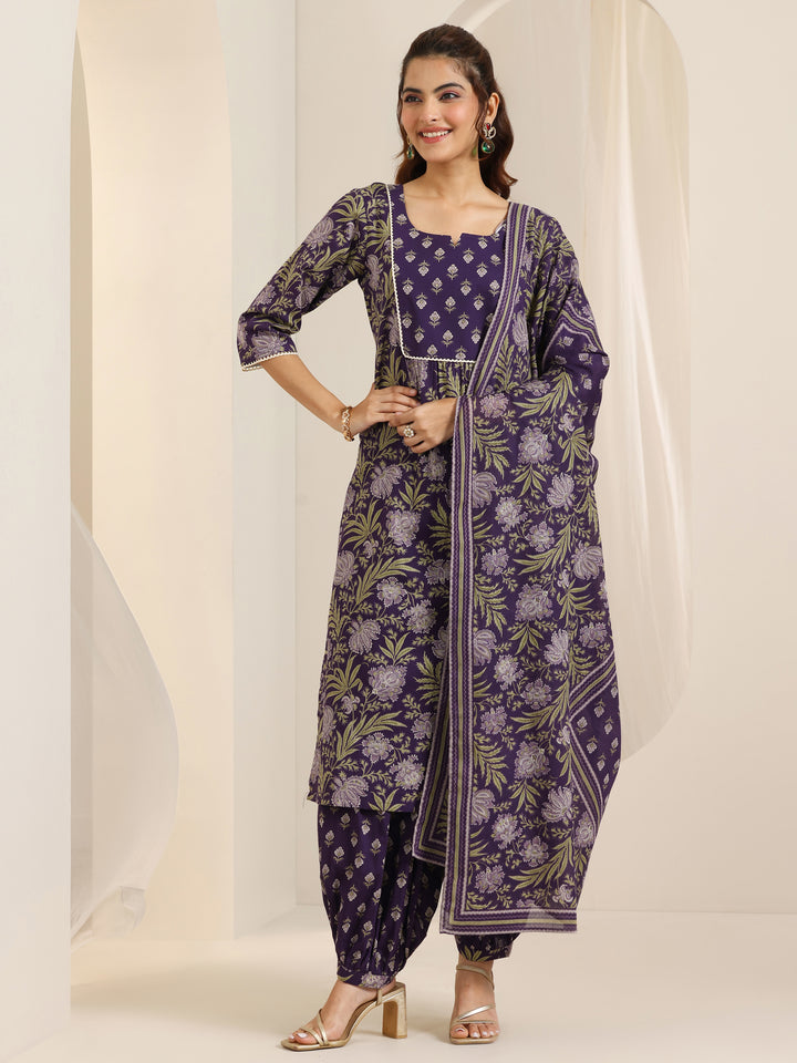Purple Printed Cotton Straight Suit Set With Dupatta