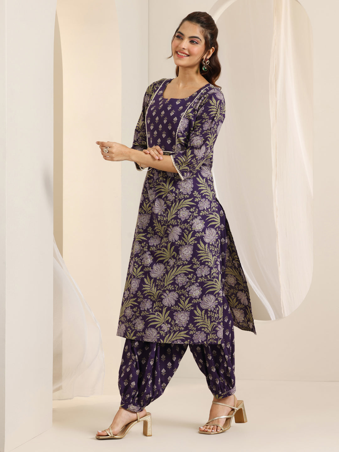 Purple Printed Cotton Straight Suit Set With Dupatta