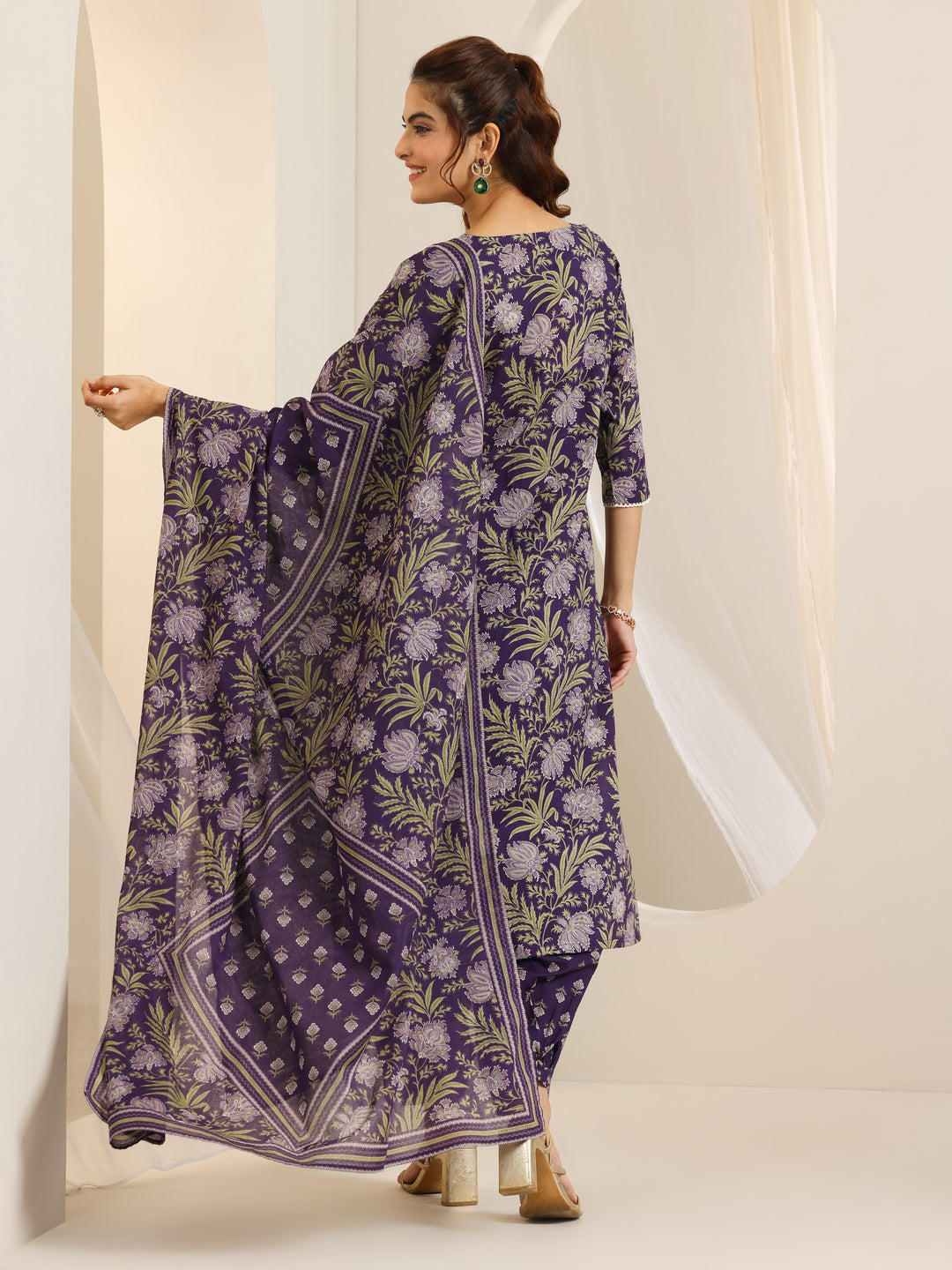 Purple Printed Cotton Straight Suit Set With Dupatta