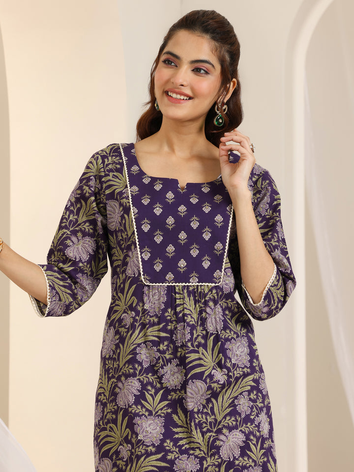 Purple Printed Cotton Straight Suit Set With Dupatta
