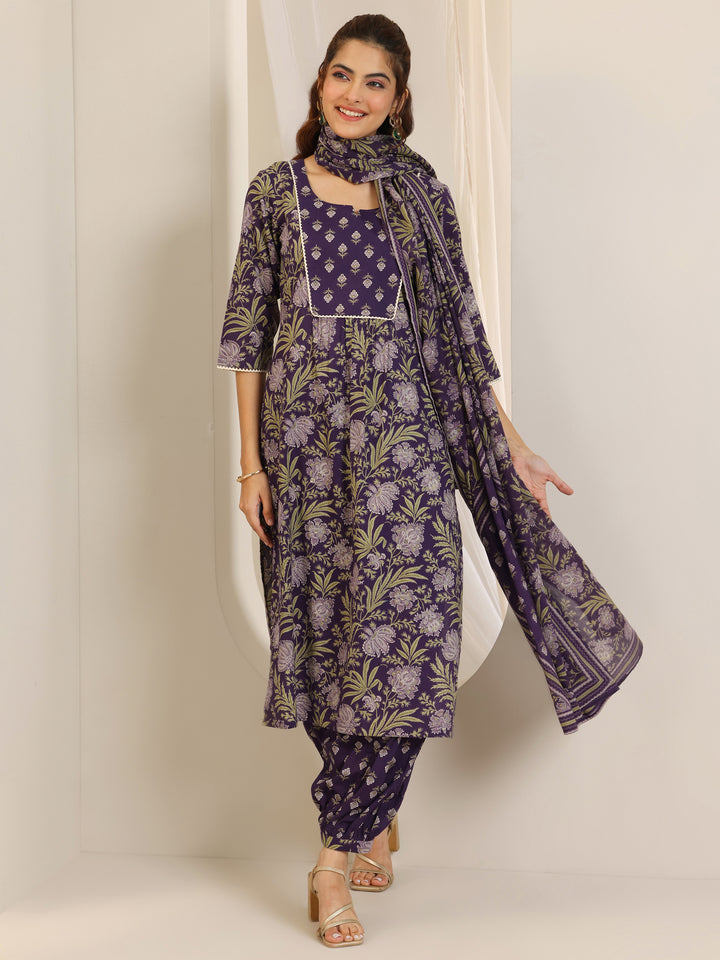 Purple Printed Cotton Straight Suit Set With Dupatta