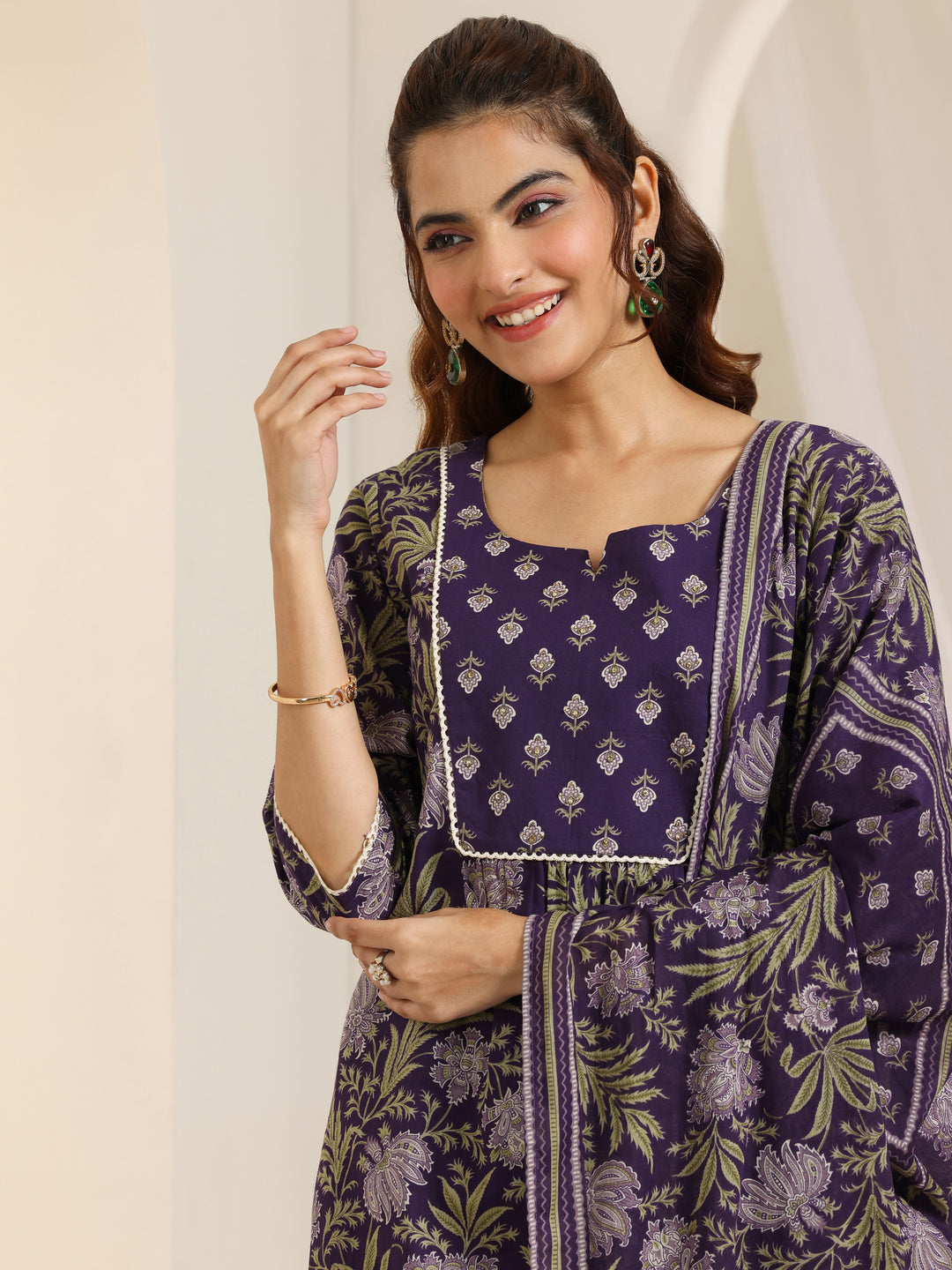 Purple Printed Cotton Straight Suit Set With Dupatta
