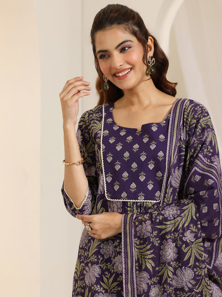Purple Printed Cotton Straight Suit Set With Dupatta