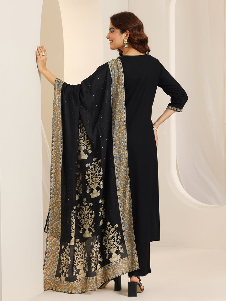 Black Yoke Design Viscose Rayon Straight Suit Set With Dupatta