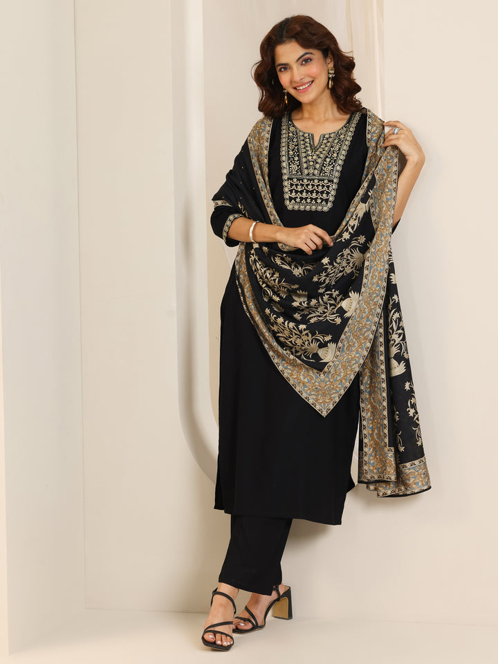 Black Yoke Design Viscose Rayon Straight Suit Set With Dupatta
