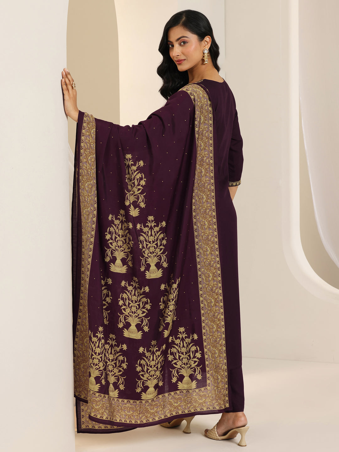 Wine Yoke Design Viscose Rayon Straight Suit Set With Dupatta