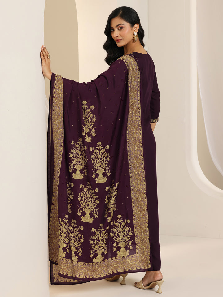 Wine Yoke Design Viscose Rayon Straight Suit Set With Dupatta