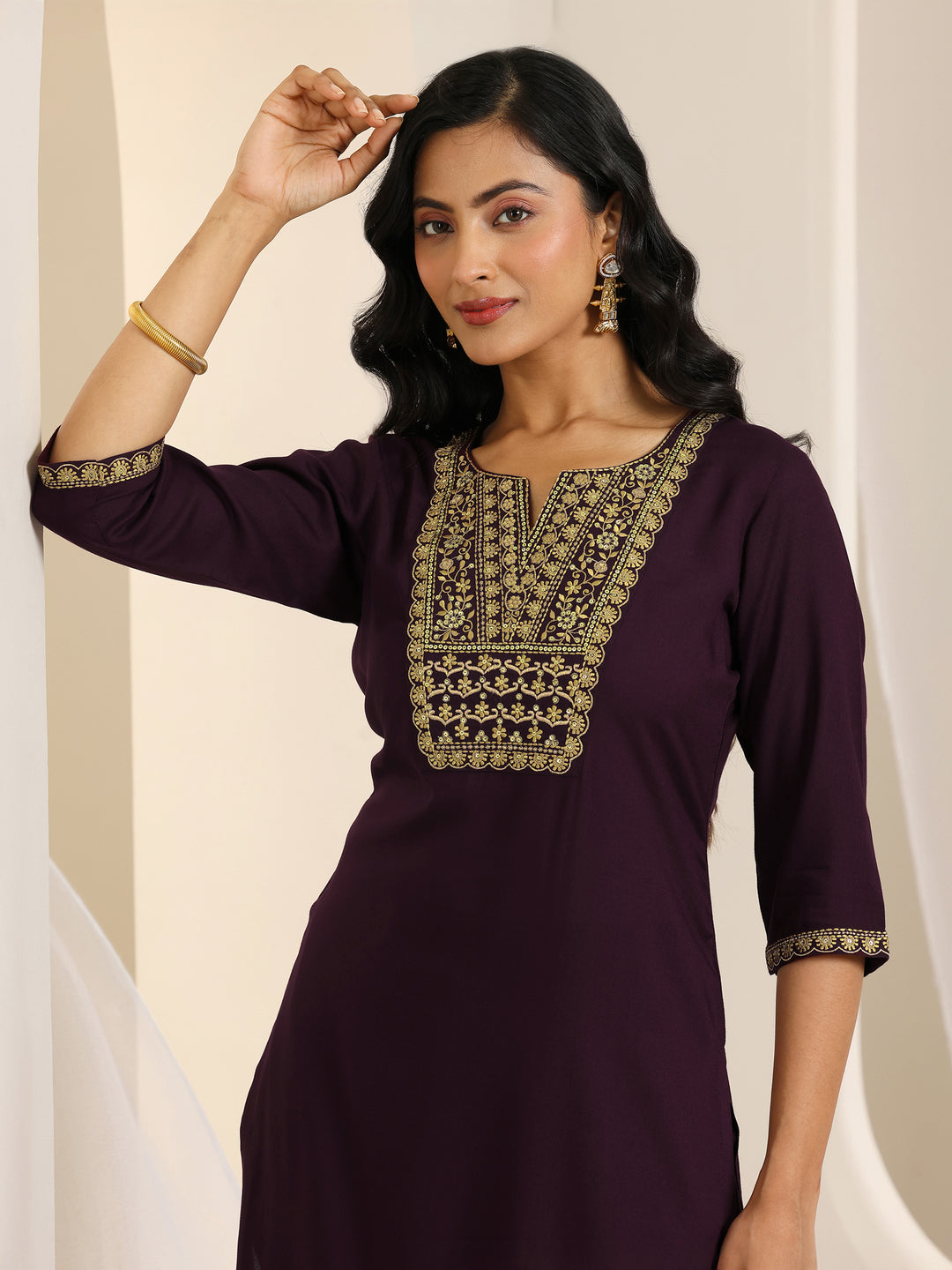 Wine Yoke Design Viscose Rayon Straight Suit Set With Dupatta