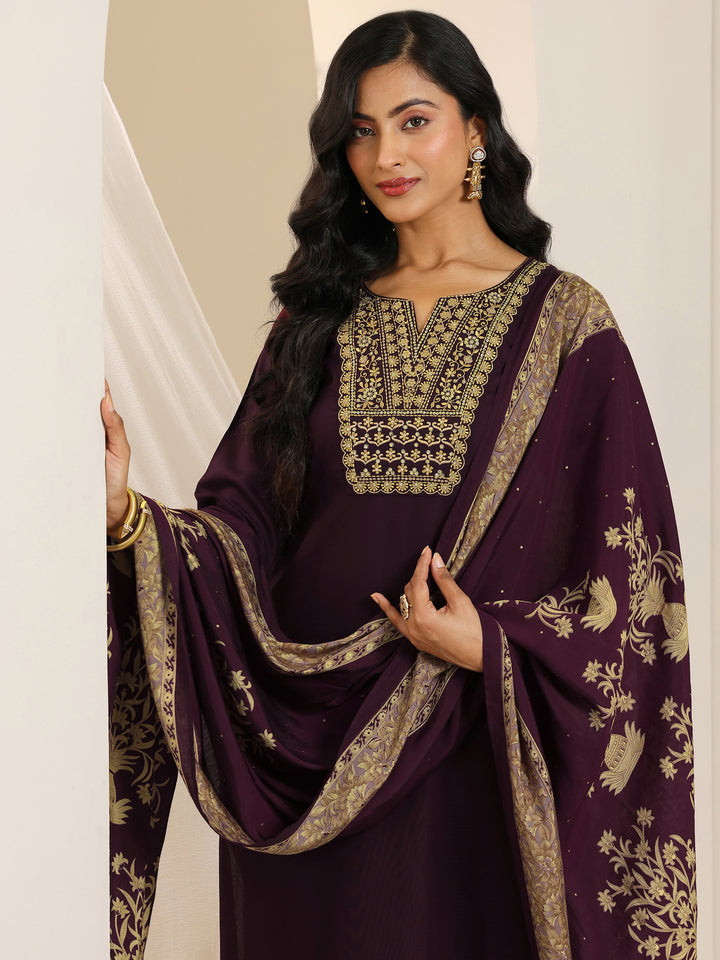 Wine Yoke Design Viscose Rayon Straight Suit Set With Dupatta