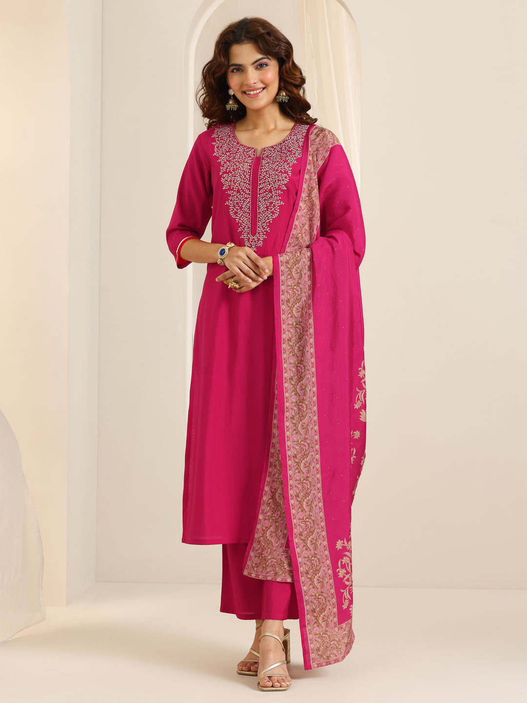 Pink Yoke Design Viscose Rayon Straight Suit Set With Dupatta