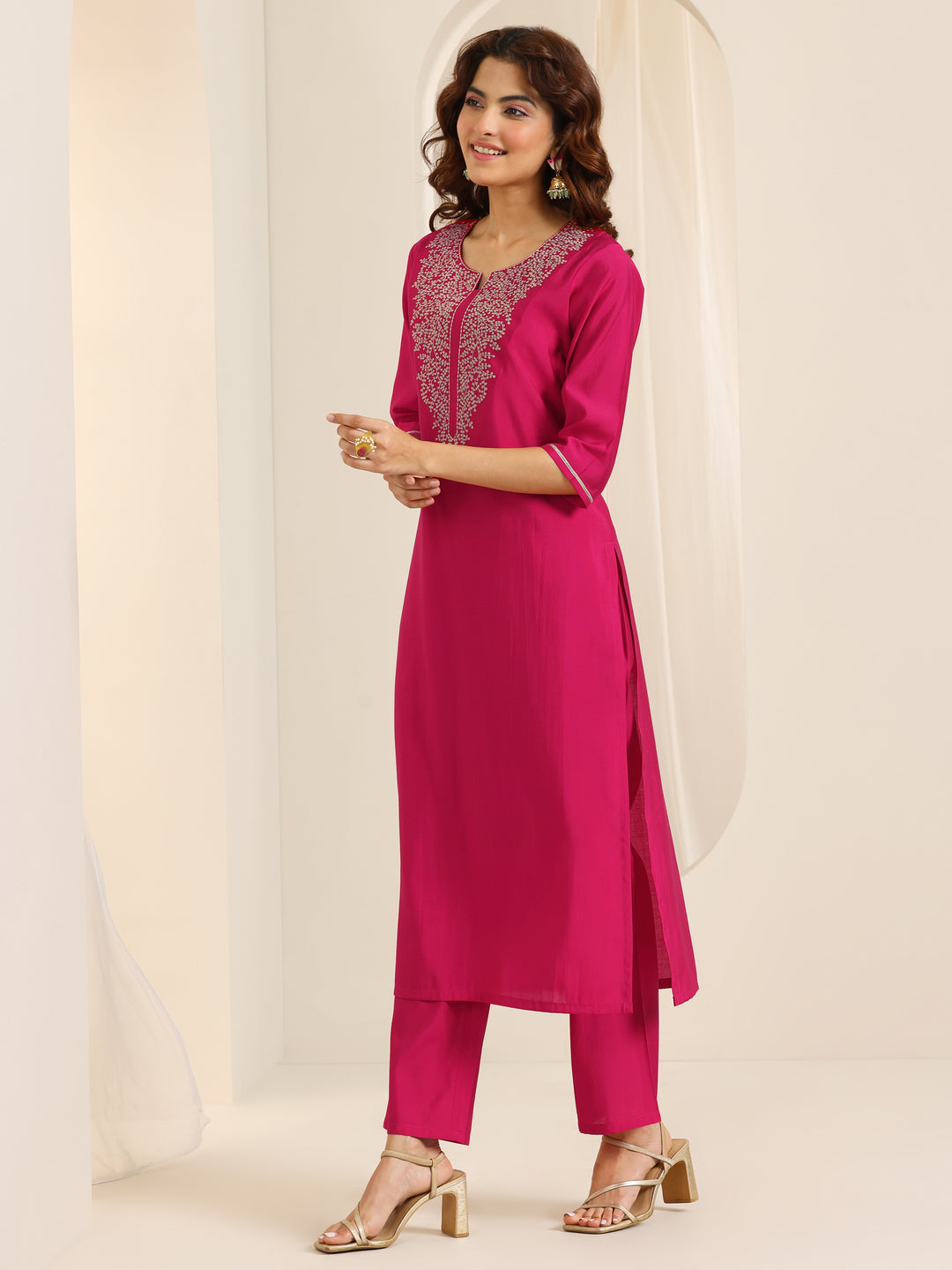 Pink Yoke Design Viscose Rayon Straight Suit Set With Dupatta