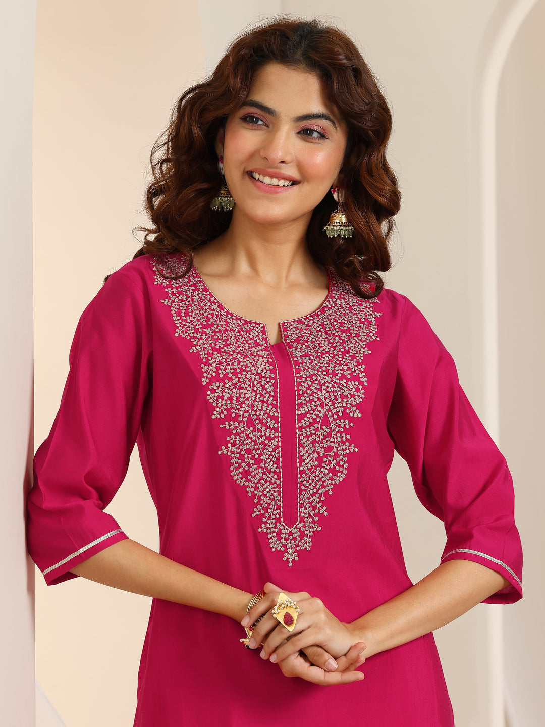 Pink Yoke Design Viscose Rayon Straight Suit Set With Dupatta
