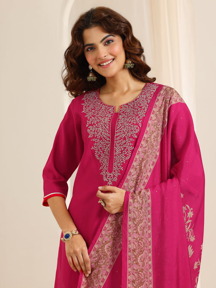 Pink Yoke Design Viscose Rayon Straight Suit Set With Dupatta
