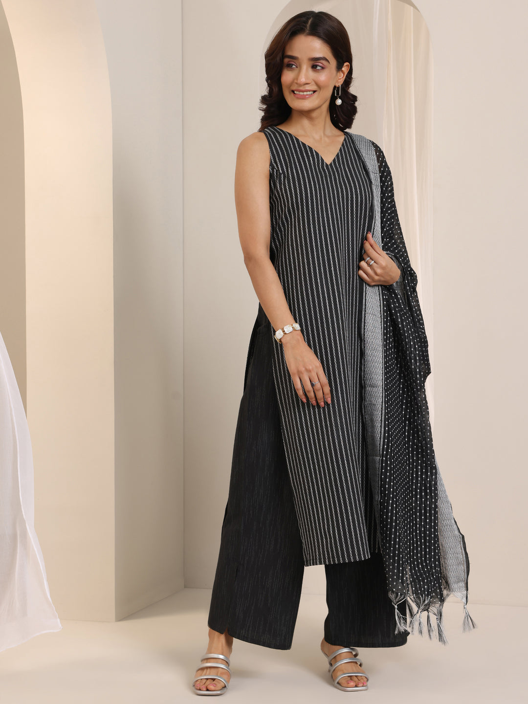 Black Woven Design Cotton Blend Straight Suit Set With Dupatta