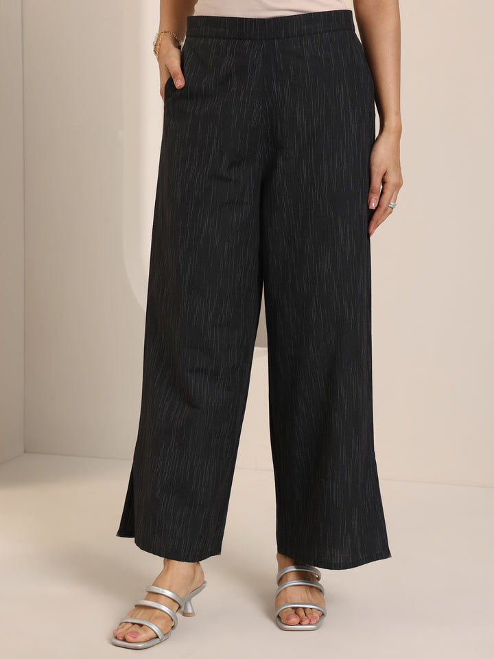 Black Woven Design Cotton Blend Straight Suit Set With Dupatta