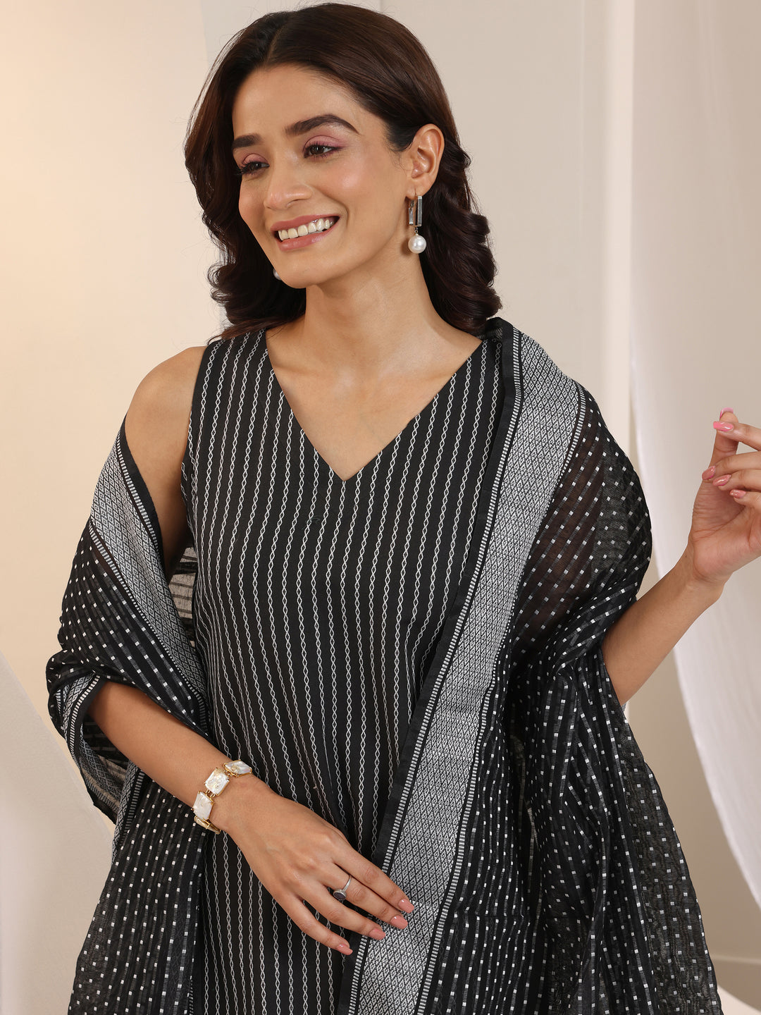 Black Woven Design Cotton Blend Straight Suit Set With Dupatta