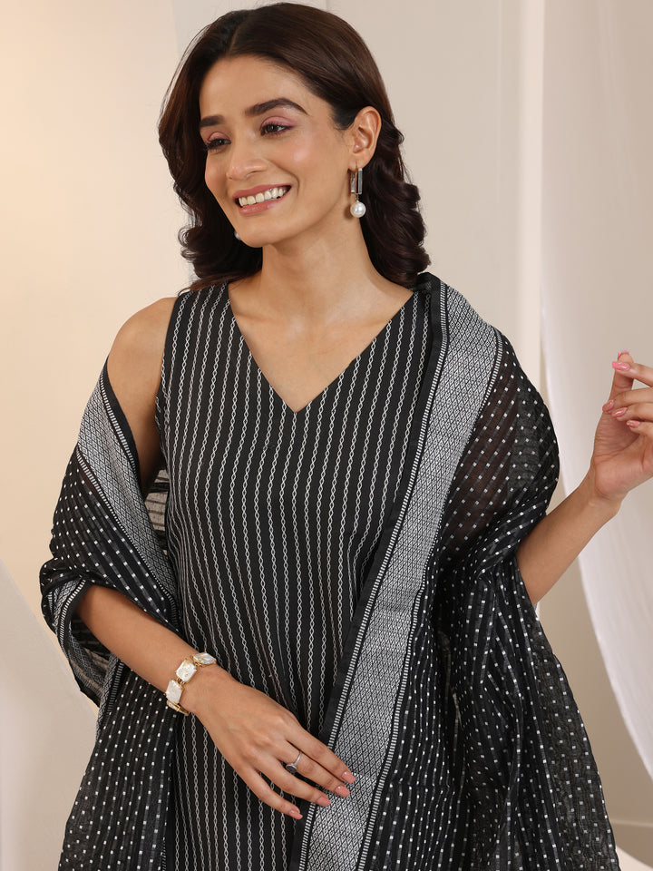 Black Woven Design Cotton Blend Straight Suit Set With Dupatta
