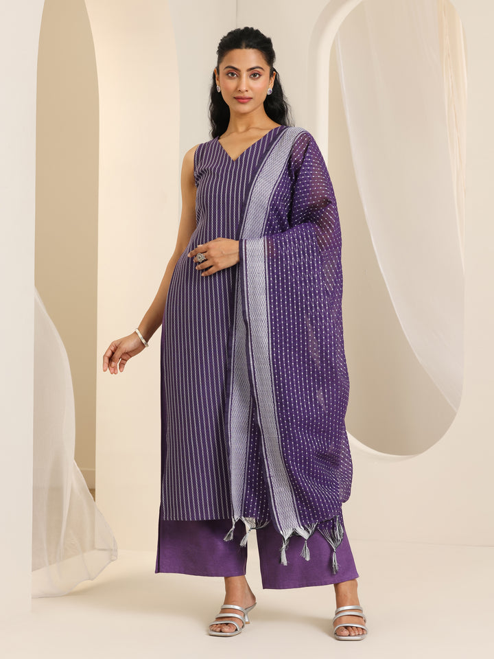 Purple Woven Design Cotton Blend Straight Suit Set With Dupatta