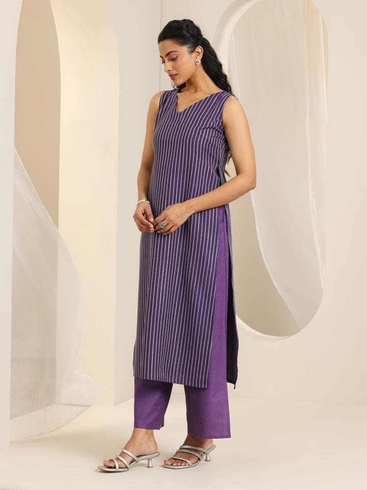 Purple Woven Design Cotton Blend Straight Suit Set With Dupatta
