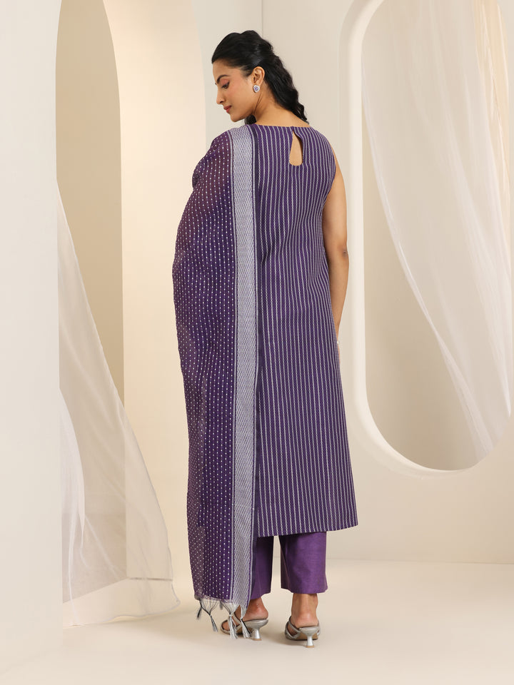 Purple Woven Design Cotton Blend Straight Suit Set With Dupatta