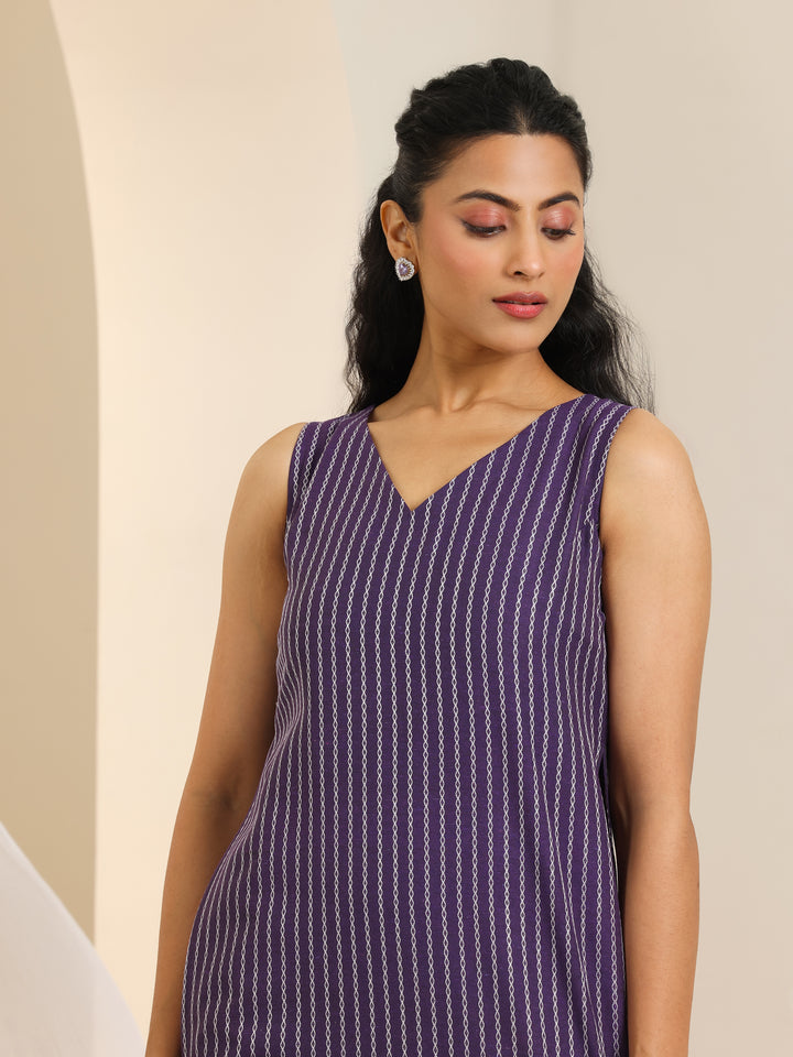 Purple Woven Design Cotton Blend Straight Suit Set With Dupatta