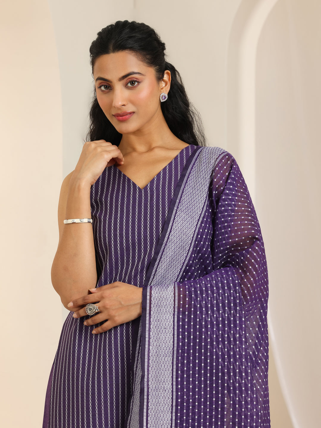 Purple Woven Design Cotton Blend Straight Suit Set With Dupatta