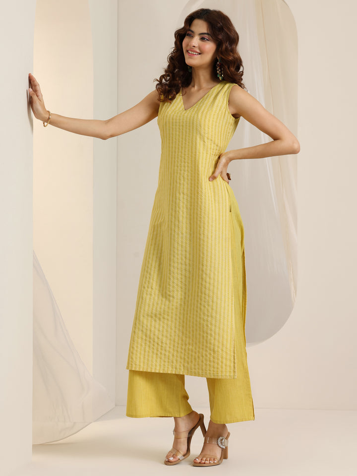 Yellow Woven Design Silk Blend Straight Suit Set With Dupatta