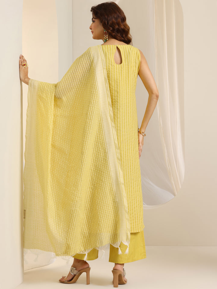 Yellow Woven Design Silk Blend Straight Suit Set With Dupatta