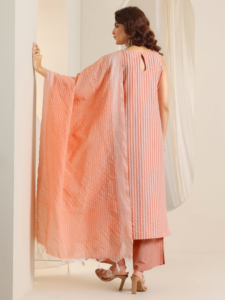 Peach Woven Design Cotton Blend Straight Suit Set With Dupatta