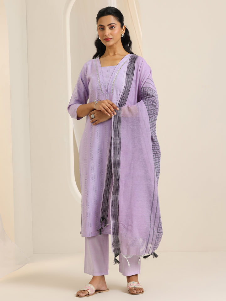 Lavender Woven Design Cotton Blend Straight Suit Set With Dupatta