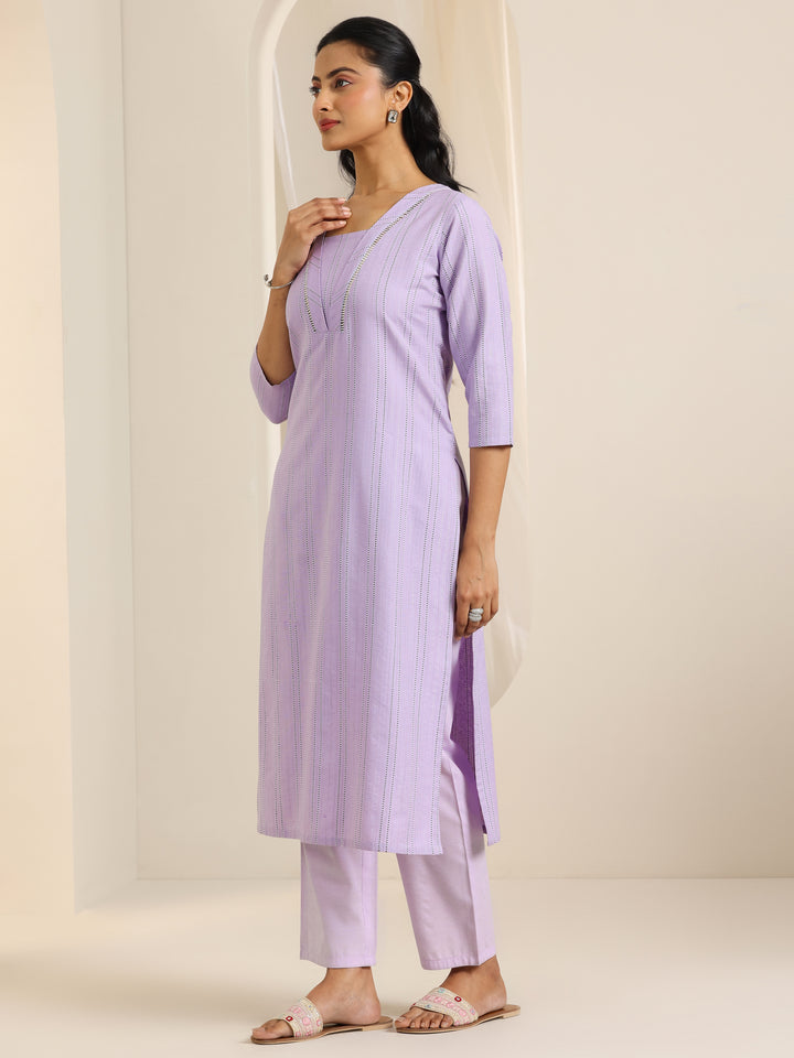 Lavender Woven Design Cotton Blend Straight Suit Set With Dupatta